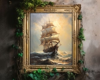 Barco, estética costera y oceánica, decoración oscura de la academia, arte náutico de la pared, arte antiguo cambiante, impresión de paisaje marino vintage, arte marítimo