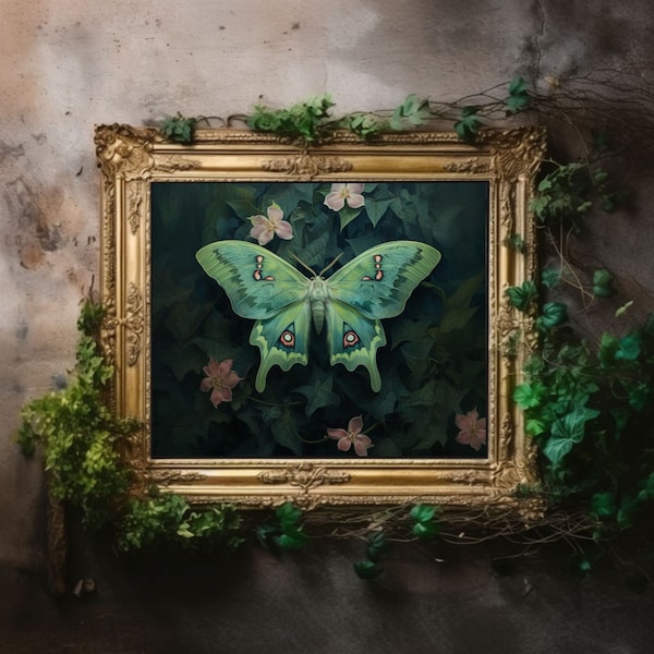Actias Luna Moth | Dark Floral Gothic Cottagecore Art, Goth Academia Wall Print,  Witch Room Decor, Botanical Vintage Painting Printable