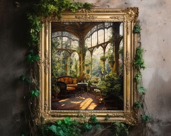 Victorian Conservatory | Baroque Botanical Renaissance Wall Decor, Cottagecore Aesthetic, Light Academia Print, Greenhouse Art Oil Painting
