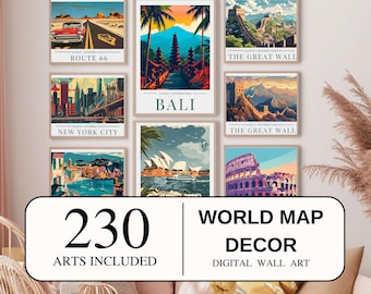 World Map Decor, Retro Travel Posters,  +230 Arts, Digital Art, Aesthetic Room Decor Cities, Landscape Posters, Vintage Travel Prints
