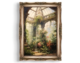 Victorian Conservatory | Baroque Botanical Renaissance Wall Decor, Cottagecore Aesthetic, Light Academia Print, Greenhouse Art Oil Painting