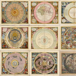 May include: A collection of nine antique celestial and terrestrial maps. Each map features intricate illustrations of planetary systems, constellations, and geographical regions, with a vintage aesthetic. The maps are framed with decorative borders and include figures and text.