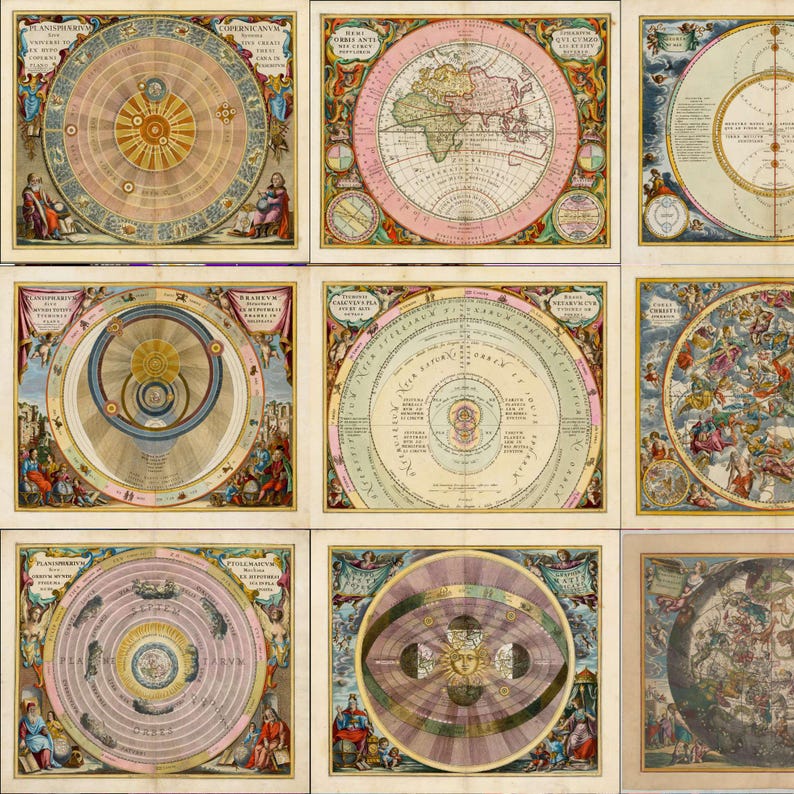 May include: A collection of nine antique celestial and terrestrial maps. Each map features intricate illustrations of planetary systems, constellations, and geographical regions, with a vintage aesthetic. The maps are framed with decorative borders and include figures and text.