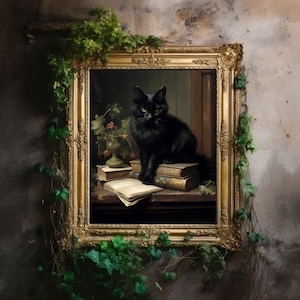 Viktorianische Katze, Vintage Gothic Poster, makaber ästhetischer Druck, dunkle Academia Wandkunst, Edgar Allan Poe, florales Goth Décor
