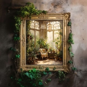 Greenhouse Art Print | Baroque Botanical Renaissance Wall Decor, Cottagecore Aesthetic, Light Academia, Victorian Conservatory Oil Painting