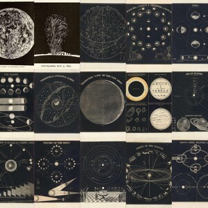 May include: A collection of vintage astronomical charts and diagrams in black and white. The illustrations depict celestial bodies, solar systems, and phases of the moon. Some charts include text such as "Sun-Flames, May 3, 1892" and "Solar System".