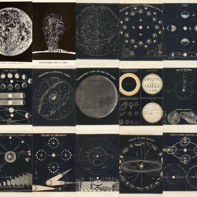 May include: A collection of vintage astronomical charts and diagrams in black and white. The illustrations depict celestial bodies, solar systems, and phases of the moon. Some charts include text such as "Sun-Flames, May 3, 1892" and "Solar System".