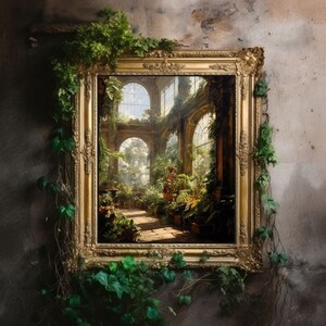 Greenhouse Art Print | Baroque Botanical Renaissance Wall Decor, Cottagecore Aesthetic, Light Academia, Victorian Conservatory Oil Painting