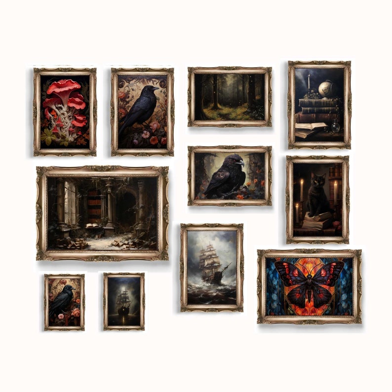 May include: A collection of 11 framed art prints featuring various themes, including a forest scene, a crow, a butterfly, a ship, and a still life with books and candles. The frames are all gold and have a distressed look.