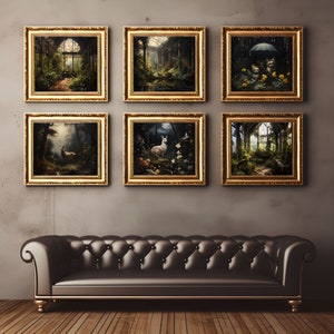 May include: Six ornate gold frames with glass panels, each containing a different nature-themed painting. The paintings depict a forest scene with a deer, a moonlit forest with a rabbit, a greenhouse with lush greenery, a forest scene with a mushroom, a forest scene with a raccoon and a mushroom, and a forest scene with a raccoon and an umbrella.