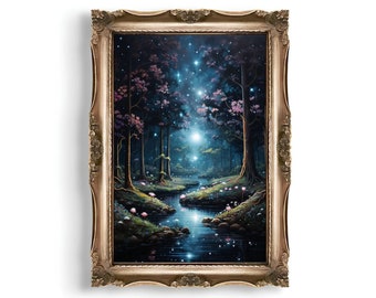 Bosque encantado / Bosque espiritual, Impresión forestal, Pintura fantástica, Río en el bosque, Arte mural de bosque mágico, Arte fantástico, Fairycore