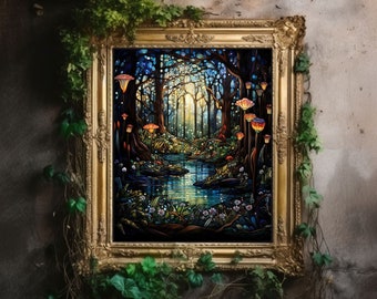 Zauberwald | Spiritueller Wald, Walddruck, Fantasy Malerei, Fluss im Wald, Zauberwald Wandkunst, Fantasy Art, Fairycore