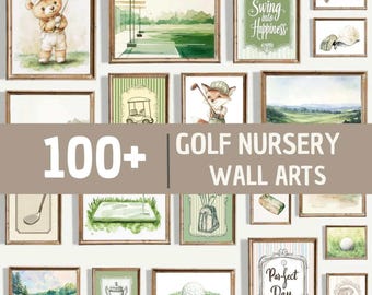 Paquete de arte mural de golf para habitación infantil con más de 100 ilustraciones, decoración de habitación de golf para bebé niño, láminas vintage de campos de golf, set de imprimibles deportivos, osito de peluche