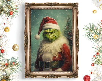 Grinch | Raumdekor Winter, Weihnachtsdrucke, Yule Wandkunst, Vintage Cottagecore Dekor, Malerei Ästhetik, Dark Academia Art