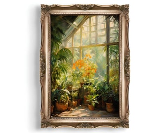Greenhouse Art Print | Baroque Botanical Renaissance Wall Decor, Cottagecore Aesthetic, Light Academia, Victorian Conservatory Oil Painting