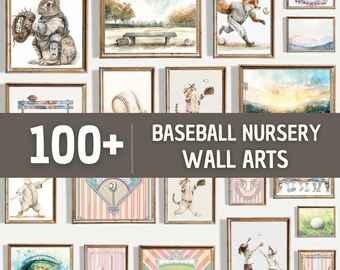 Pode incluir: Uma coleção de gravuras em aquarela emolduradas com tema de beisebol. As gravuras apresentam várias ilustrações relacionadas ao beisebol, incluindo animais jogando beisebol, campos de beisebol e equipamentos de beisebol. O texto "100+ BASEBALL NURSERY WALL ARTS" é exibido.