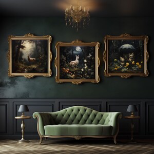 May include: Three ornate gold frames with dark green matting, each containing a different nature scene. The frames are hanging on a dark green wall with black wainscoting. A green velvet sofa sits in front of the frames.