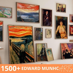 May include: A gallery wall showcasing a collection of framed paintings by Edvard Munch. The paintings include iconic works such as "The Scream" and "The Sun" and depict various scenes and figures in a distinctive style.