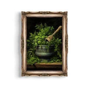 Mortar and Pestle | Baroque Botanical Renaissance Wall Decor, Cottagecore Aesthetic, Light Academia, Victorian Conservatory Oil Painting
