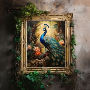 Peacock Art | Baroque Botanical Renaissance Wall Decor, Aesthetic Print, Light Academia, CottacgecoreOil Painting