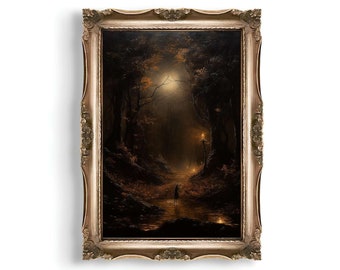 May include: A framed oil painting depicting a lone figure walking through a dark forest path illuminated by moonlight and lanterns.