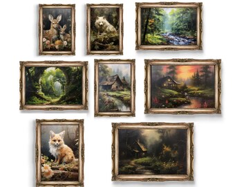 Set of 8 Cottagecore Prints | Forest Gallery Wall Set, Mushroom Decor, Dark Botanical Oil Painting Printable, Vintage Animal Wall Art