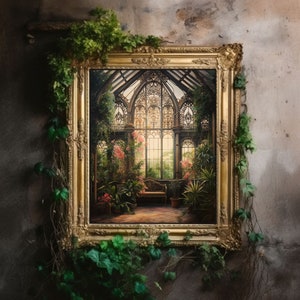 Greenhouse Art Print | Baroque Botanical Renaissance Wall Decor, Cottagecore Aesthetic, Light Academia, Victorian Conservatory Oil Painting