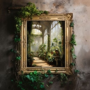 Greenhouse Art Print | Baroque Botanical Renaissance Wall Decor, Cottagecore Aesthetic, Light Academia, Victorian Conservatory Oil Painting