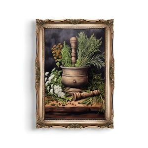Mortar and Pestle | Baroque Botanical Renaissance Wall Decor, Cottagecore Aesthetic, Light Academia, Victorian Conservatory Oil Painting