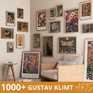 May include: A collection of framed art prints featuring various nature-themed illustrations, including deer, cats, and floral designs. The prints are in wooden frames and are displayed on a white wall. The text "GUSTAV KLIMT" is visible on some prints, and the text "1000+ GUSTAV KLIMT ARTS" is at the bottom.