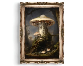 May include: A framed oil painting depicting a large, white mushroom with a brown stem and a cluster of smaller mushrooms growing on a mossy, green hill. The painting is set against a dark, forest background.