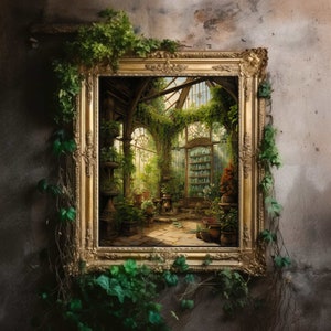 Greenhouse Art Print | Baroque Botanical Renaissance Wall Decor, Cottagecore Aesthetic, Light Academia, Victorian Conservatory Oil Painting