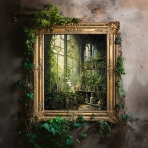 Greenhouse Art Print | Baroque Botanical Renaissance Wall Decor, Cottagecore Aesthetic, Light Academia, Victorian Conservatory Oil Painting