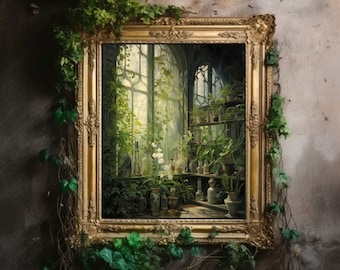 Greenhouse Art Print | Baroque Botanical Renaissance Wall Decor, Cottagecore Aesthetic, Light Academia, Victorian Conservatory Oil Painting