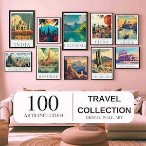 Más de 100 carteles de viajes, impresiones de viajes mundiales, arte digital, ciudades con decoración estética de habitaciones, carteles, impresiones de paisajes, impresiones de viajes vintage