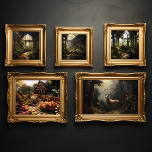May include: Five ornate gold picture frames with different landscapes and a deer in a forest. The frames have intricate details and are arranged in a row on a dark gray wall.