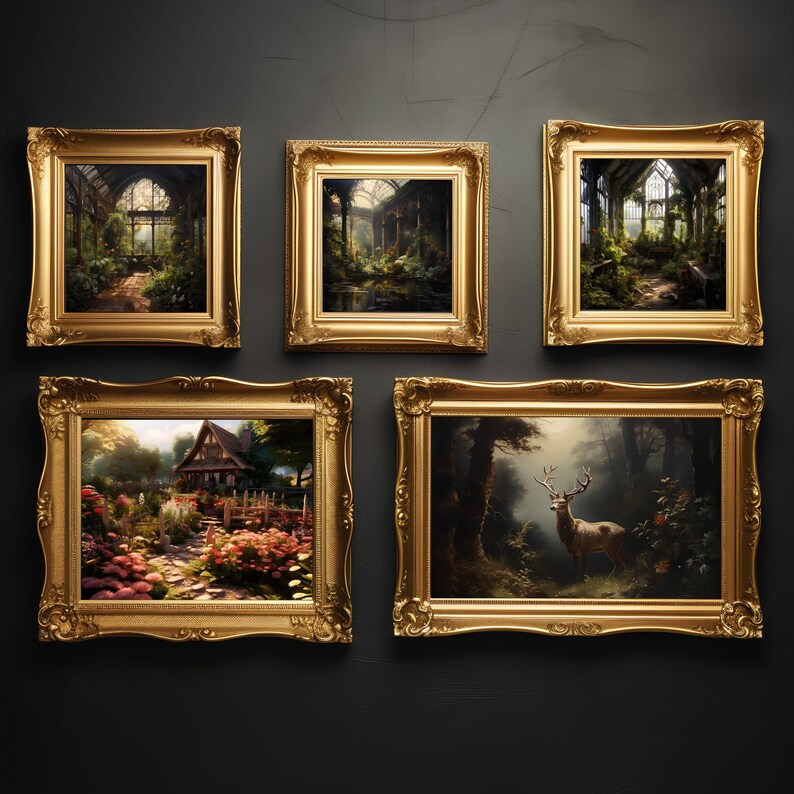 May include: Five ornate gold picture frames with different landscapes and a deer in a forest. The frames have intricate details and are arranged in a row on a dark gray wall.