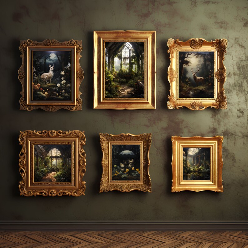May include: Six ornate gold picture frames with various nature scenes, including a forest, a garden, and a deer in a clearing. The frames are arranged in a grid pattern on a textured green wall.