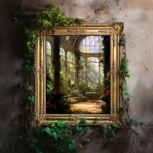Greenhouse Art Print | Baroque Botanical Renaissance Wall Decor, Cottagecore Aesthetic, Light Academia, Victorian Conservatory Oil Painting
