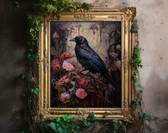 Raven | Dark Cottagecore, Floral Gothic Art, Dark Academia Print, Goth Wall Witch Room Decor, Botanical Vintage Painting Printable