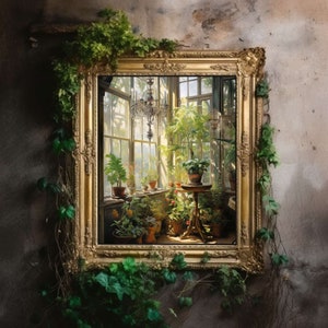 Greenhouse Art Print | Baroque Botanical Renaissance Wall Decor, Cottagecore Aesthetic, Light Academia, Victorian Conservatory Oil Painting