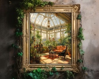 Victorian Conservatory | Baroque Botanical Renaissance Wall Decor, Cottagecore Aesthetic, Light Academia Print, Greenhouse Art Oil Painting