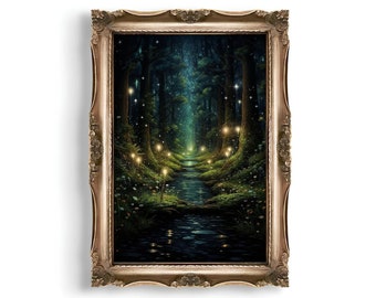 Bosque encantado / Bosque espiritual, Impresión forestal, Pintura fantástica, Río en el bosque, Arte mural de bosque mágico, Arte fantástico, Fairycore