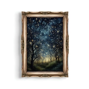 Night | Vintage Celestial Wall Art, Moody Oil Painting Print, Dark Academia Decor, Witchy Aesthetic, Moon and Stars Wall Decor