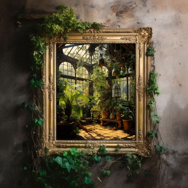 Greenhouse Art Print | Baroque Botanical Renaissance Wall Decor, Cottagecore Aesthetic, Light Academia, Victorian Conservatory Oil Painting