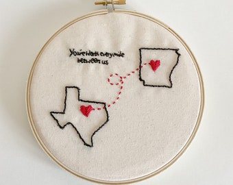 Long Distance Embroidery/Long Distance Relationship Gift/Custom Embroidery/Gift for Boyfriend/Gift for Girlfriend