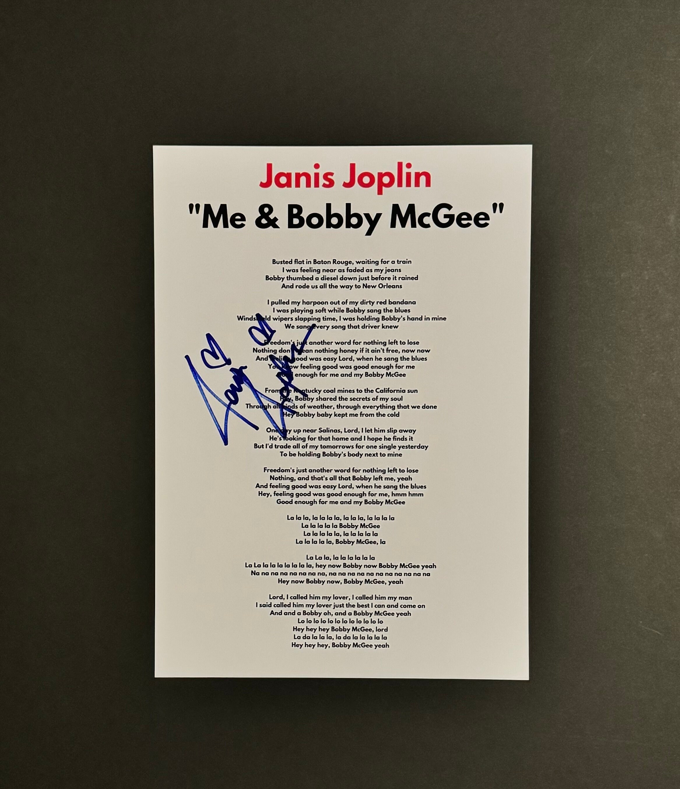 Janis Joplin Me and Bobby McGee A4 Autographed Lyric Sheet