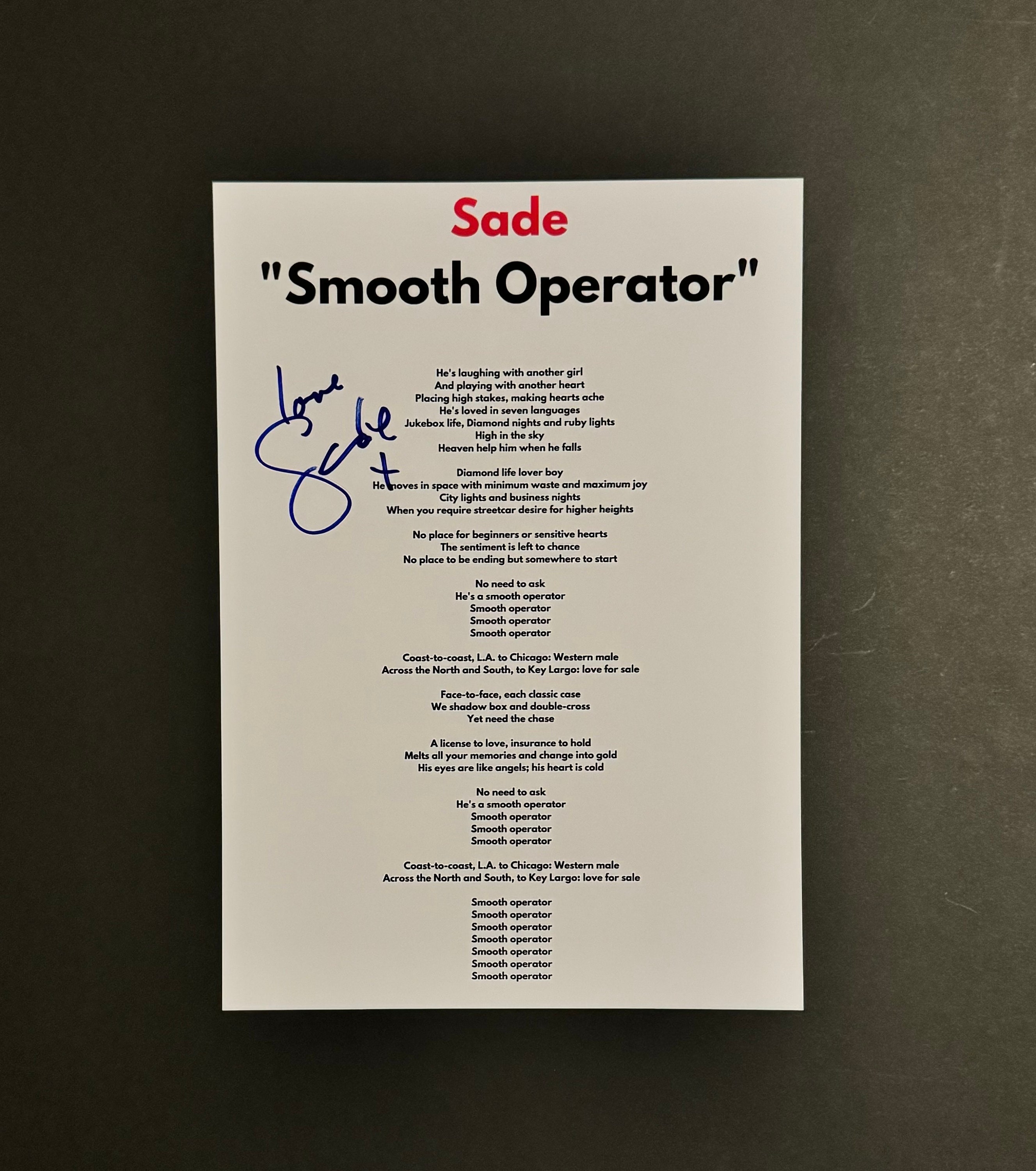 Sade Smooth Operator A4 Autographed Lyric Sheet - Etsy