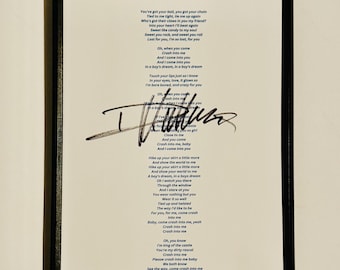 Folha de letras de Dave Matthews em formato A4 autografada, com certificado de autenticidade e moldura.