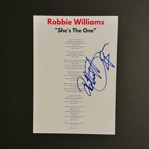 Robbie Williams She's The One A4 Autographed Lyric Sheet